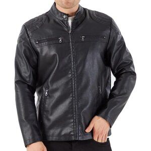 Men’s Black WULFUL Stand Collar Faux Leather Motorcycle Lightweight Jacket
